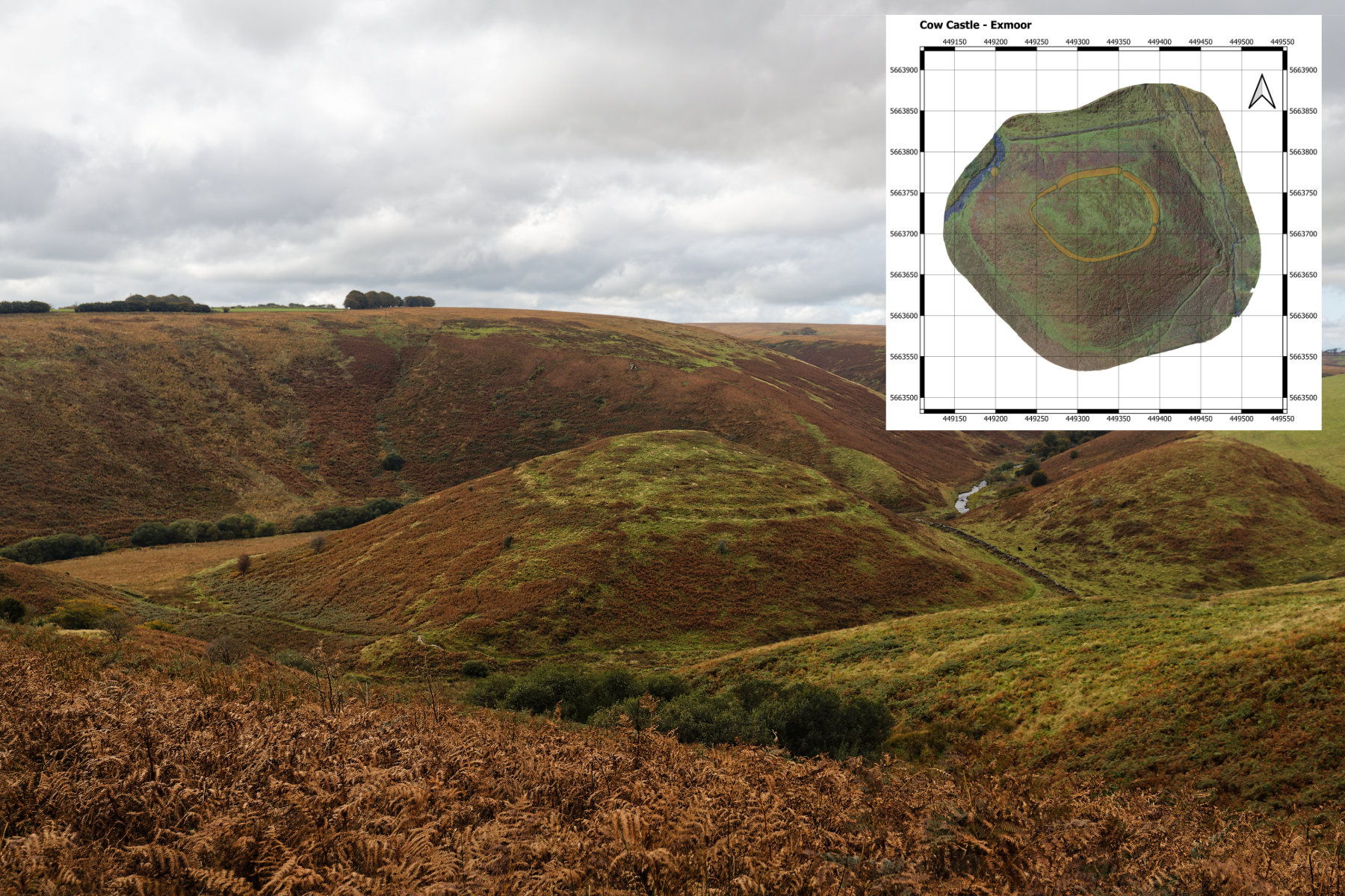 A landscape view of Cow Castle in Exmoor, a prominent hillfort surrounded by lush green and brown moorland. An inset map in the top right corner shows a topographic survey of the site.